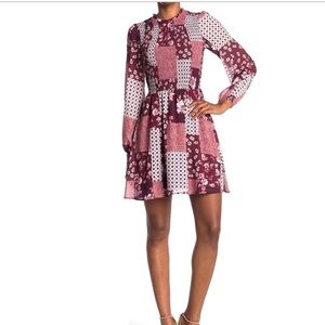 NWT one one six ruched mini mock neck patchwork printed dress size S